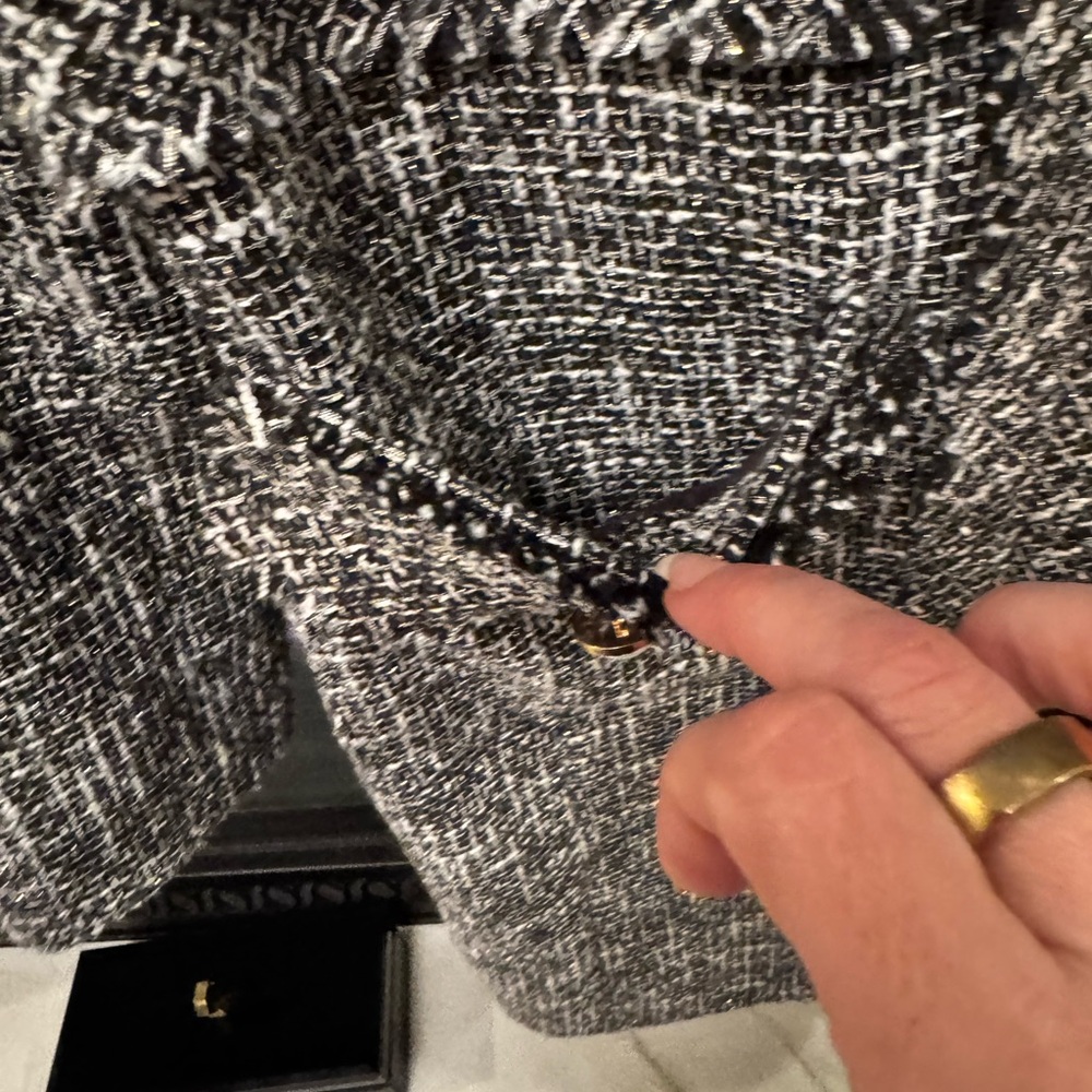 Momoco Black White Tweed Check Long Overcoat Fringe Pearl Buttons Size 38 - Picture 8 of 11